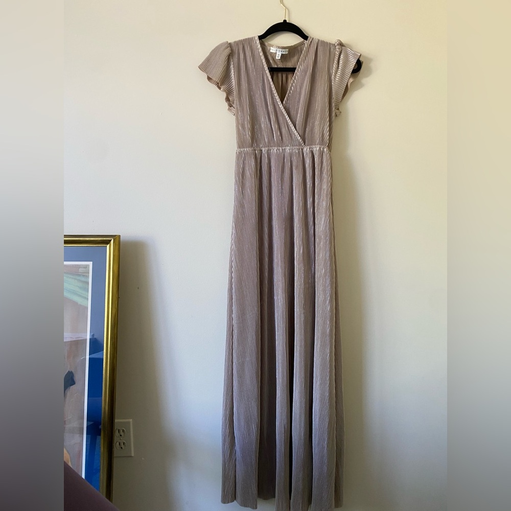 Baltic Born Tan Maxi Gown with V-Neck and Flutter Sleeves